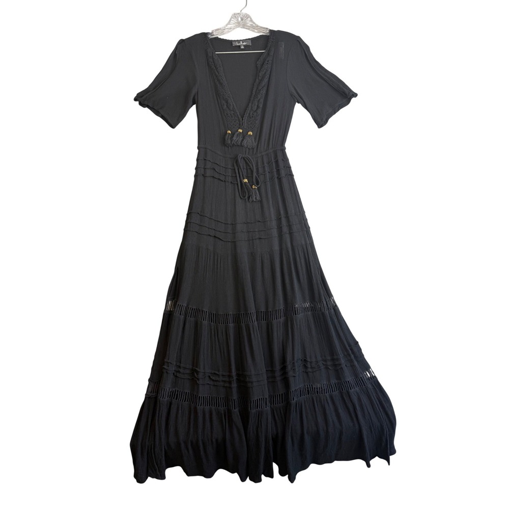 Lulus Black Boho Crochet Tassel Maxi Dress Womens S Black Tiered Beachy Vacation